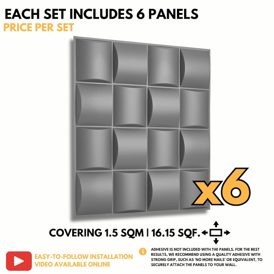 image 1 of NOVECRAFTO Lattice Effect 3D Wall Panels – 6 Sheets Covering 1.5m² | 16.15ft² Interior Cladding Set | Square Grid Design – Each Panel 50x50cm | Grey