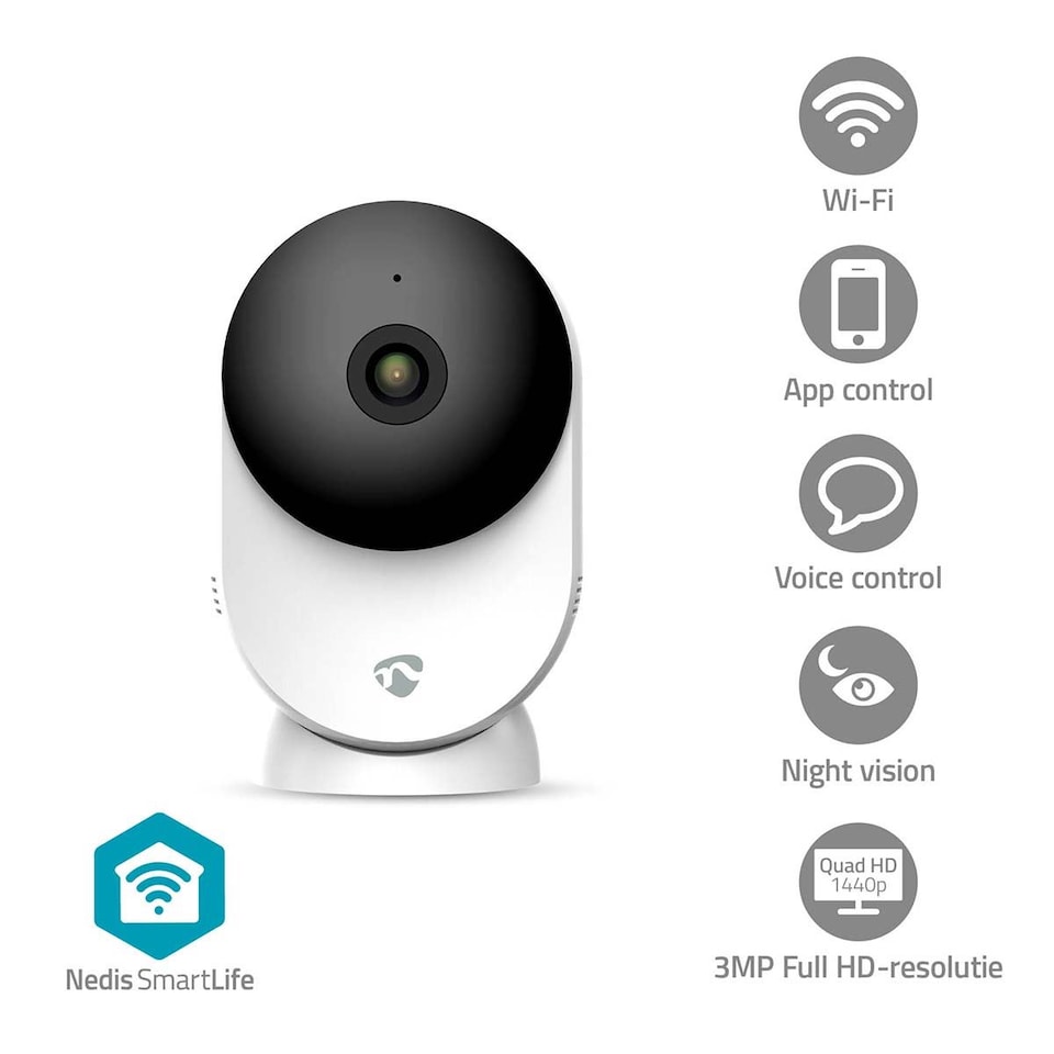 image 1 of NEDIS Smart Indoor Camera, Wi-Fi, 3MP Full HD, Baby & Pet Monitor with Motion & Sound Detection, Night Vision, 110 Degree View, 2-Way Audio, Compatible with Alexa & Google Assistant - White