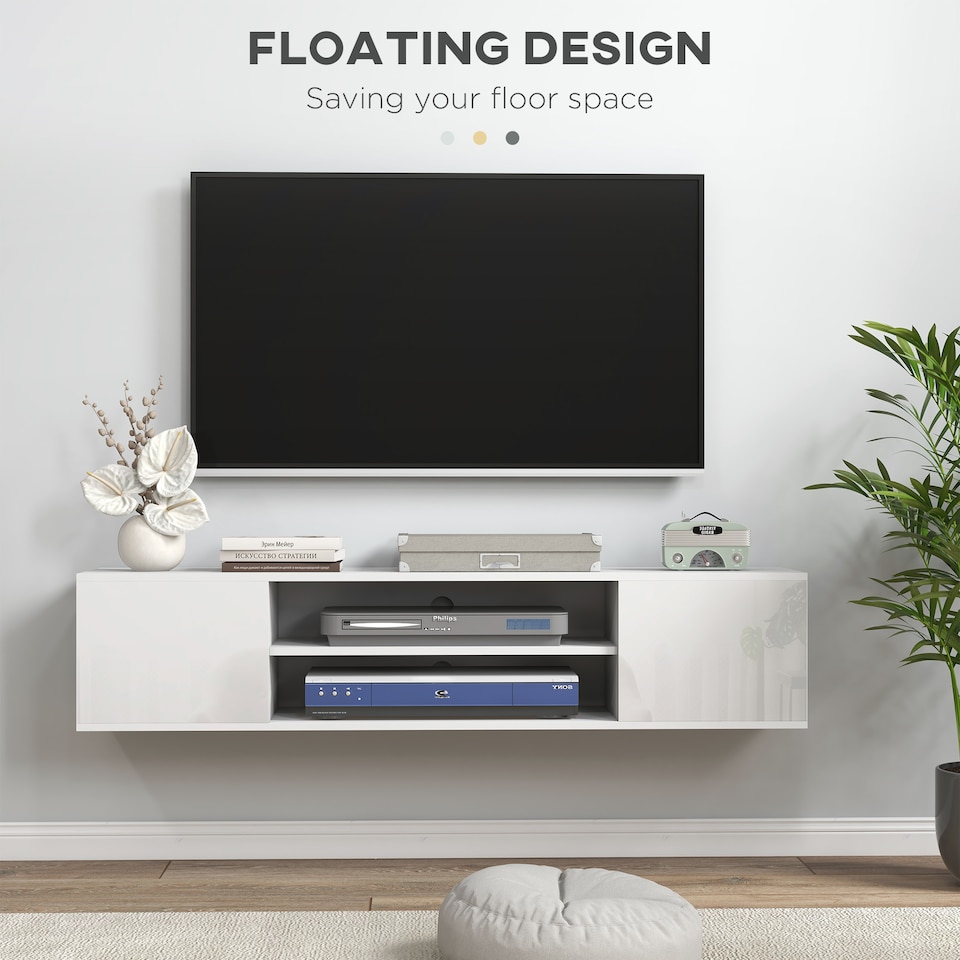 image 1 of HOMCOM Floating TV Stand Cabinet for TVs up to 60 , Wall Mounted TV Unit with Open Shelf, Storage Cupboards and Cable Management for Living Room, White
