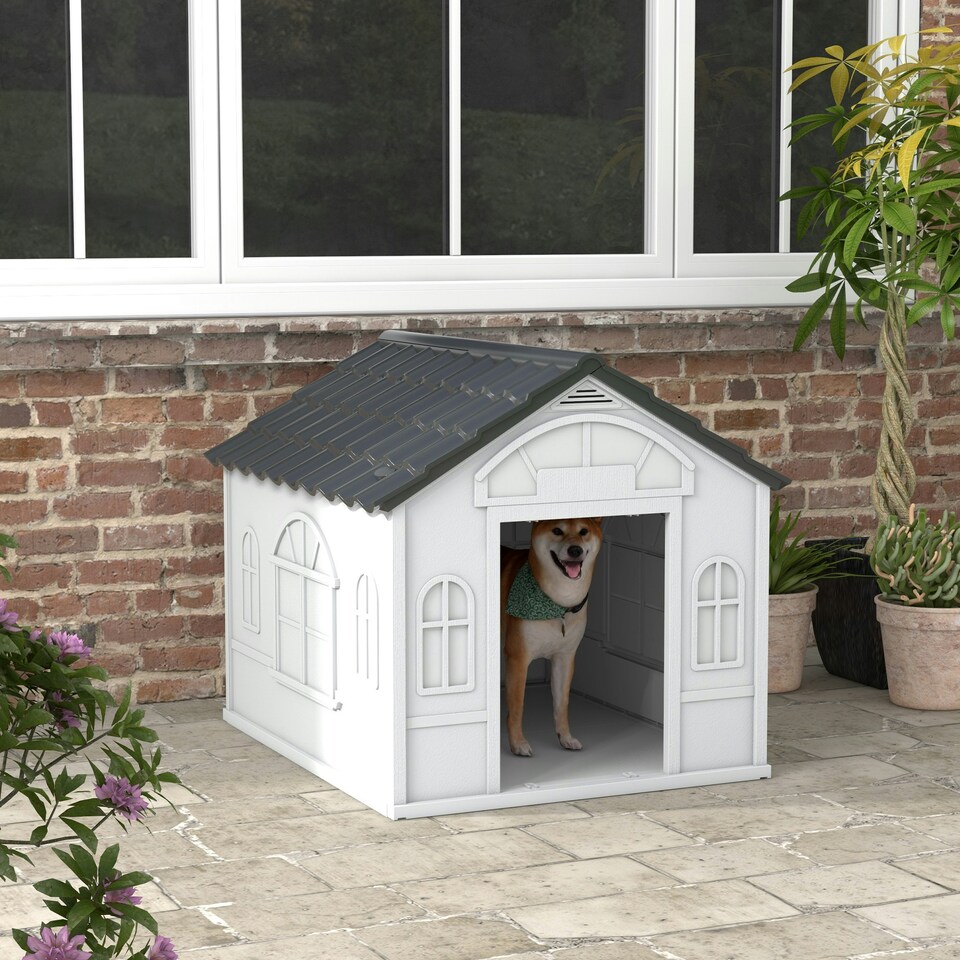 image 1 of PawHut Weather-Resistant Dog House, Puppy Shelter for Large Dogs - Grey