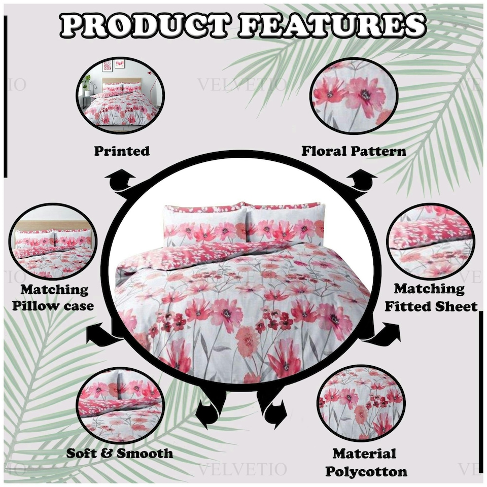 image 1 of VELVETIO Chelsea Floral Complete Duvet Cover Set with Fitted Sheet Soft Polycotton Bedding Sets Red | King