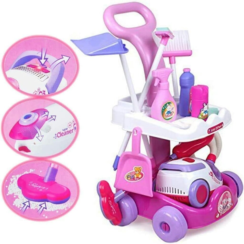 image 1 of Housekeeping Cleaning Trolley Playset with Working Vacuum & Accessories – Kids Role Play Cleaning Set