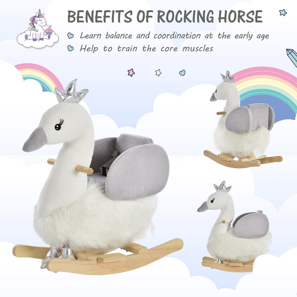 image 1 of HOMCOM Kids Rocking Horse, Children Plush Ride On Swan Animal Rocker with Sound, Wood Base Seat, Safety Belt, Baby Toy Rocker for Toddler 18 - 36 Months, White and Grey