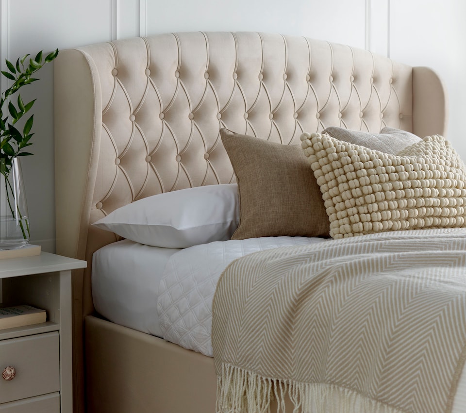 image 1 of 4ft6 Double Velvet Natural ottoman fabric upholstered buttoned storage gas lift up bed frame. Front lift up underbed storeage bed frame