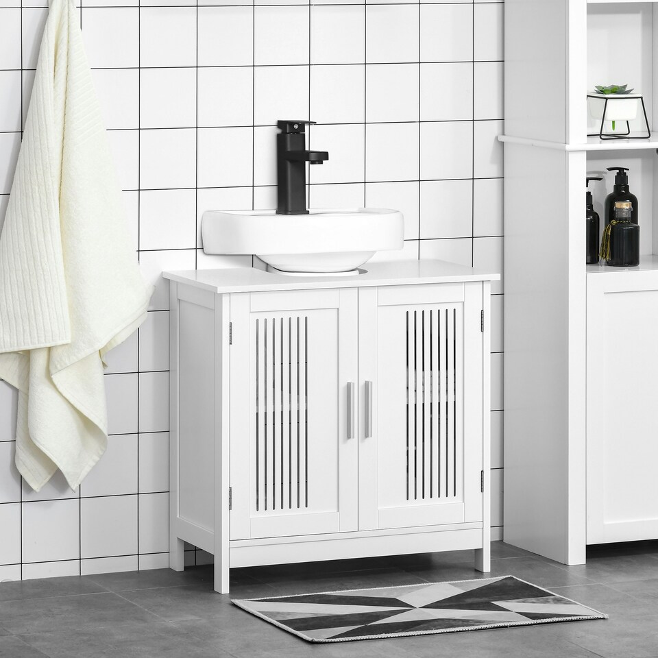 image 1 of kleankin Bathroom Pedestal Under Sink Cabinet with Storage Shelf White White | White