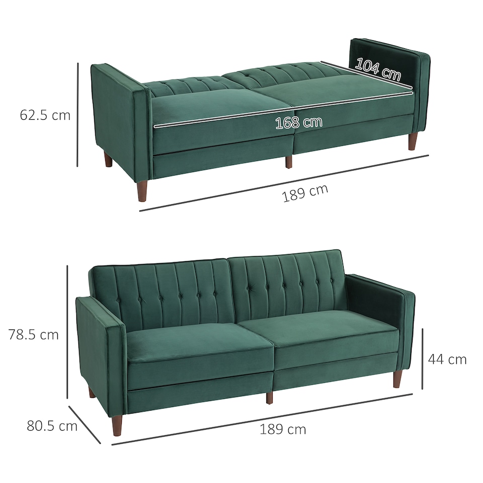 image 1 of HOMCOM Convertible Sofa Bed, 189cm Click Clack 3 Seater Sofa Bed, Button Tufted Velvet Sleeper Couch with Split Reclining Backrest and Rubber Wood Legs, Green