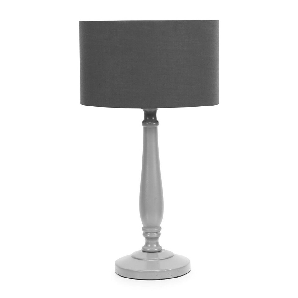 image 1 of ValueLights Victoria Grey Wood Traditional Stem Table Lamp with Charcoal Fabric Drum Shade and LED Bulb