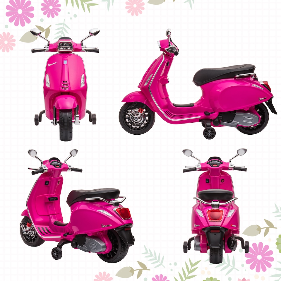image 1 of AIYAPLAY Vespa Licensed 12V Kids Electric Motorbike, Kids Ride on Motorcycle with Music, Head Light, MP3, FM Radio, Two Training Wheels, for 3-6 Years - Pink