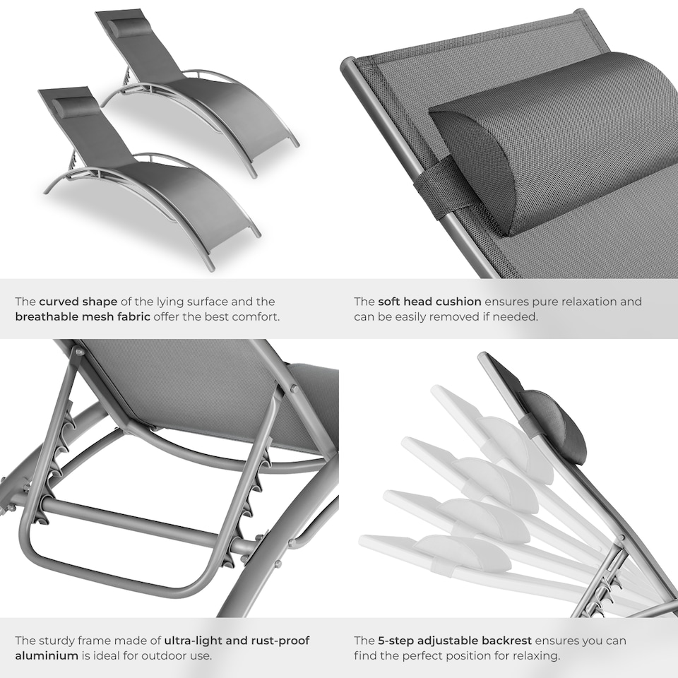 image 1 of Sun Lounger Set of 2 Alina - 5-step backrest, head cushion, aluminium frame | Grey | grey | 2