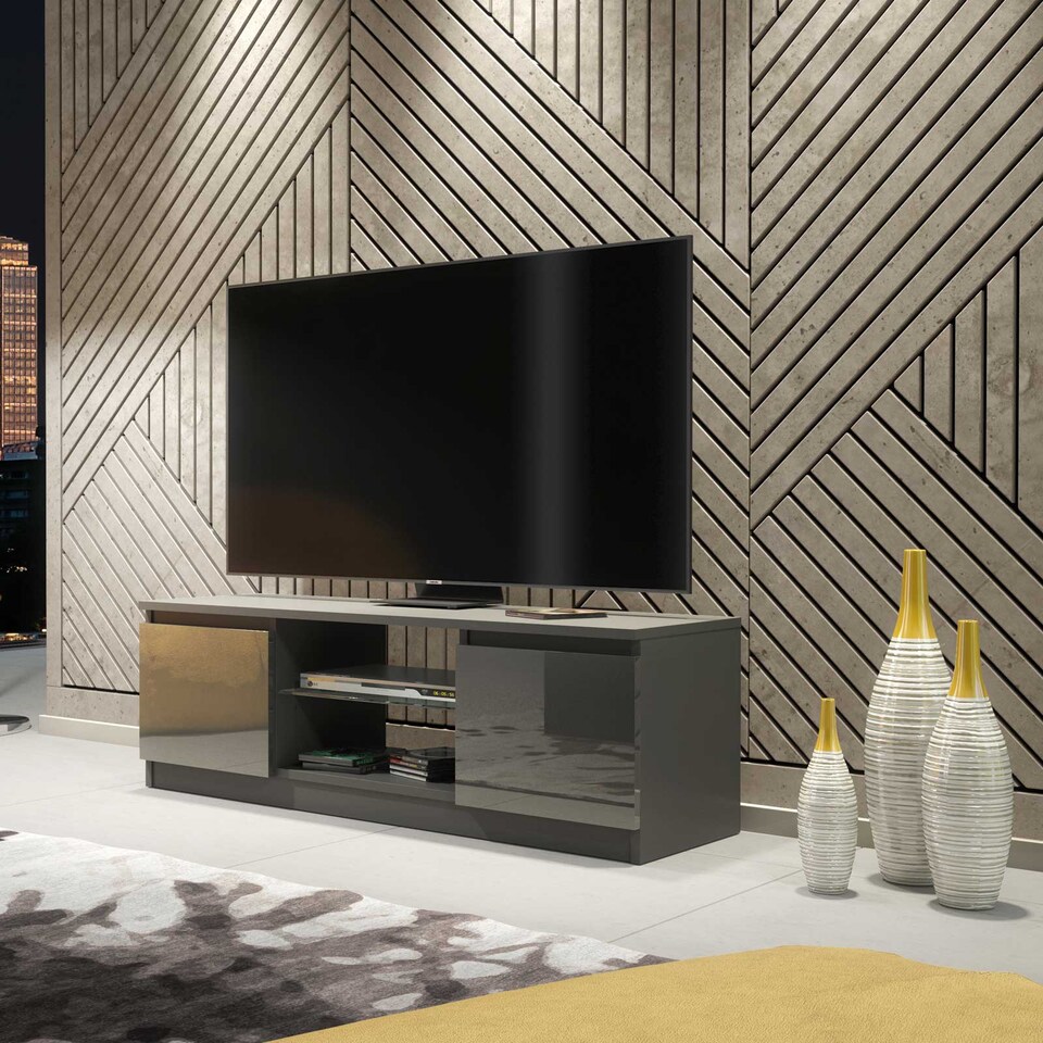 image 1 of TV Unit TV Stand Grey High Gloss Media Console Sideboard Storage Cabinet 120cm