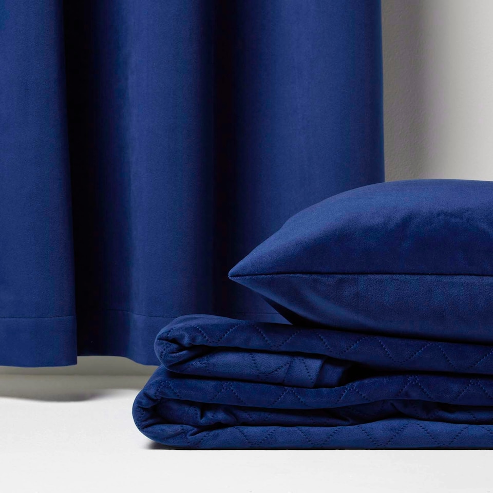 image 1 of Homescapes Diamond Quilted Navy Velvet Bed Throw Blue
