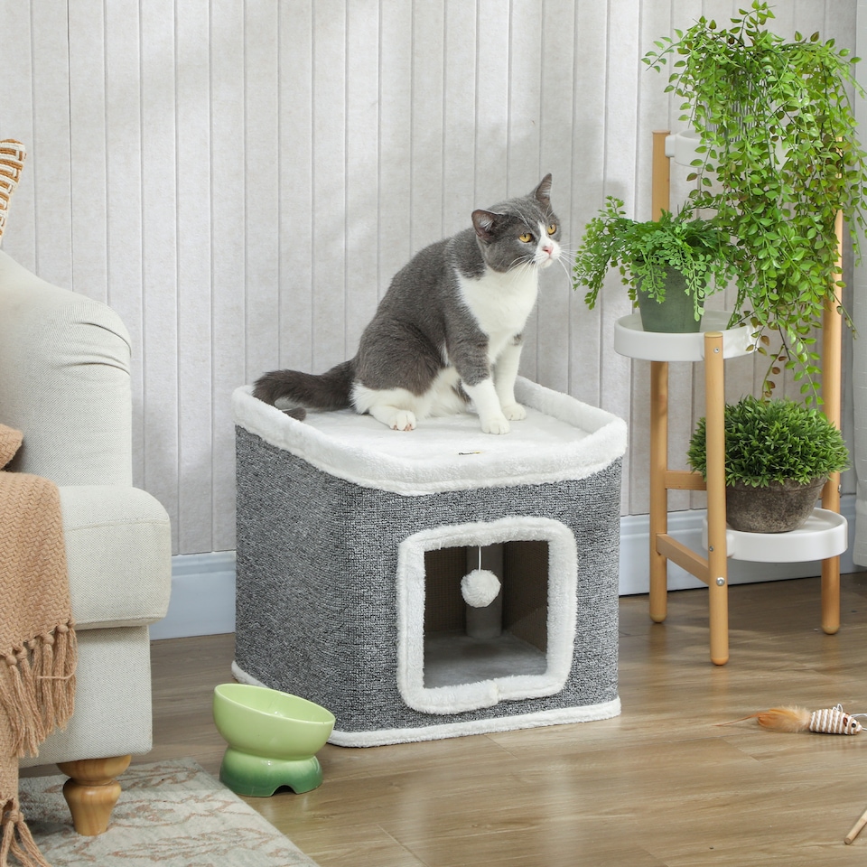image 1 of PawHut Cat House for Indoor Kittens, 2-Level Cat Cave Bed with Fluffy Balls, Flush Top Bed, Kitten Barrel for Multi Kitties, Grey
