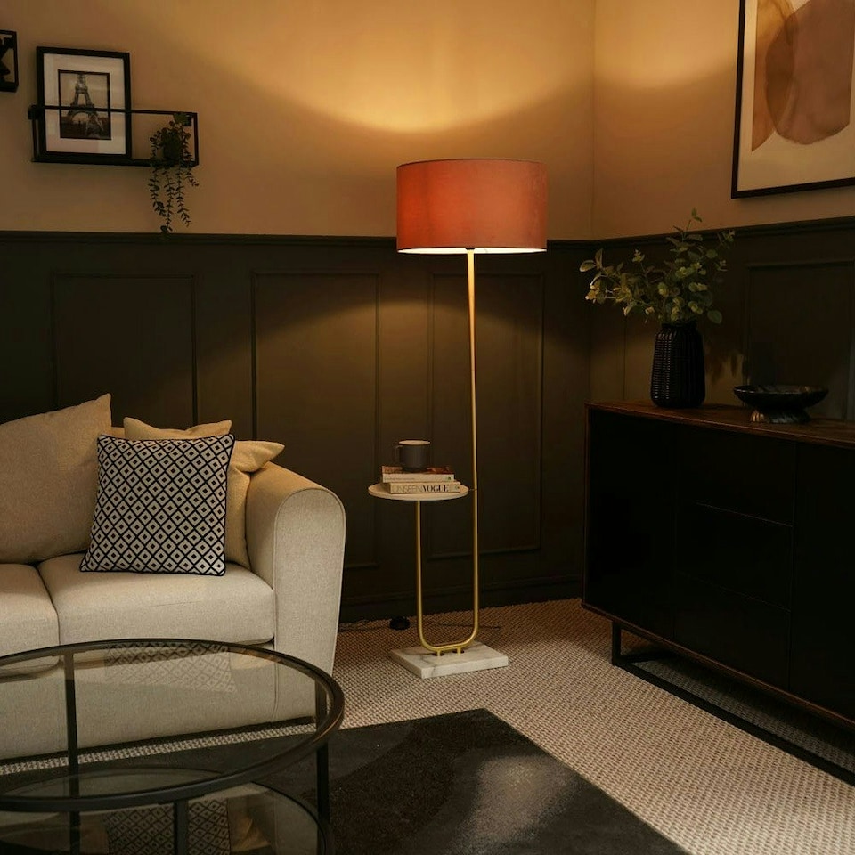 image 1 of ValueLights Tavel Brushed Gold Floor Lamp with Large Pink Drum Shade | Pink