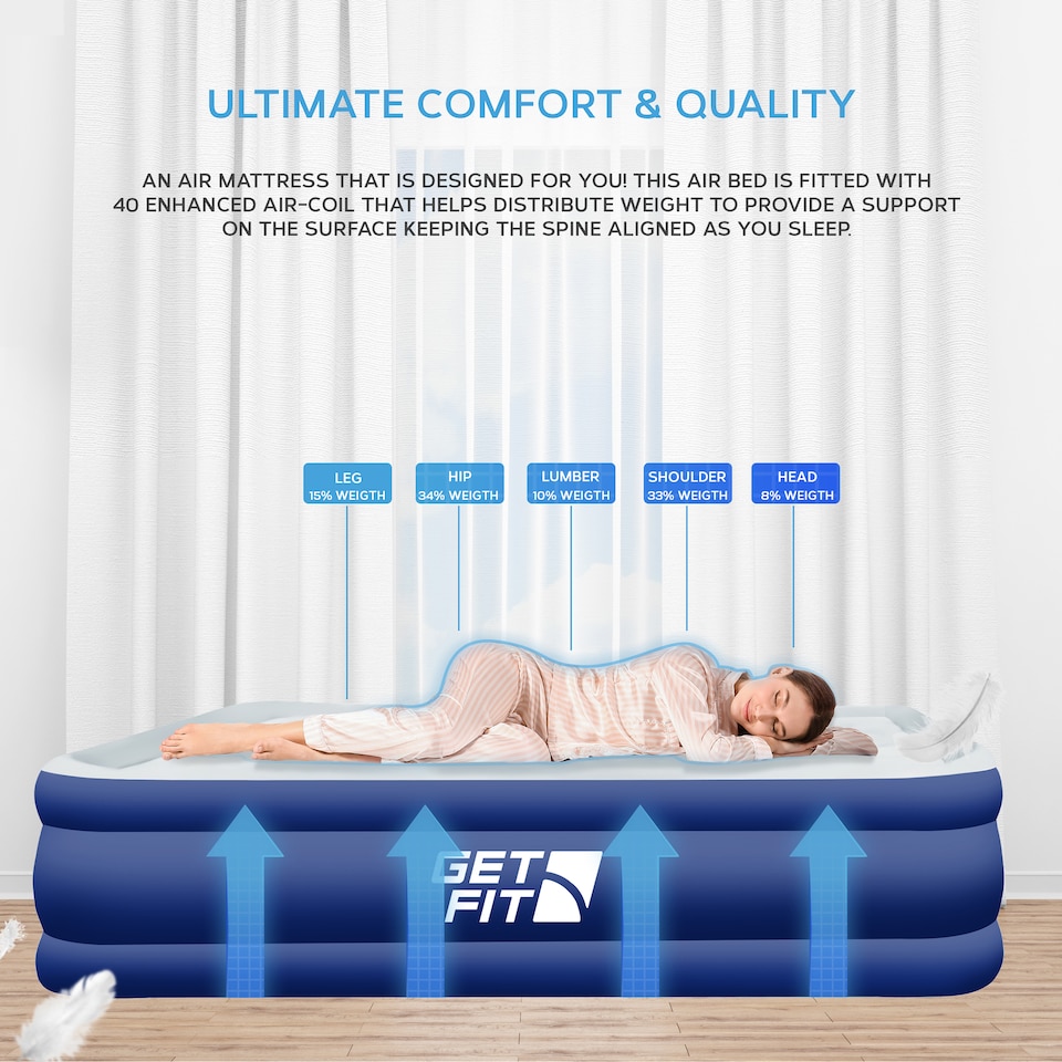 image 1 of Get Fit Air Bed With Built In Electric Pump - Premium King Size - Blow Up Bed With 2 X Free Pillows - Elevated Inflatable Air Mattress | Blue | Navy / White | 1