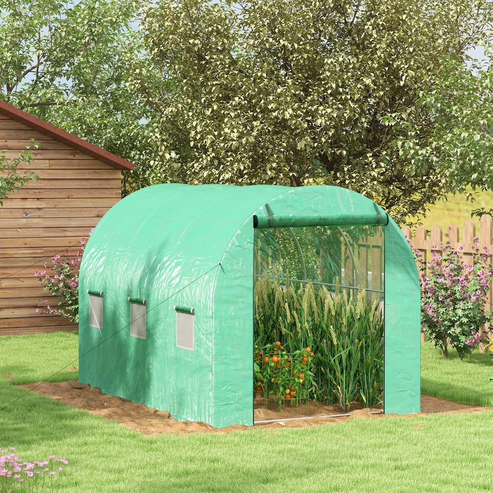 image 1 of Outsunny Polytunnel Green House with Sprinkler System, Wide Door, 4 x 3(m)