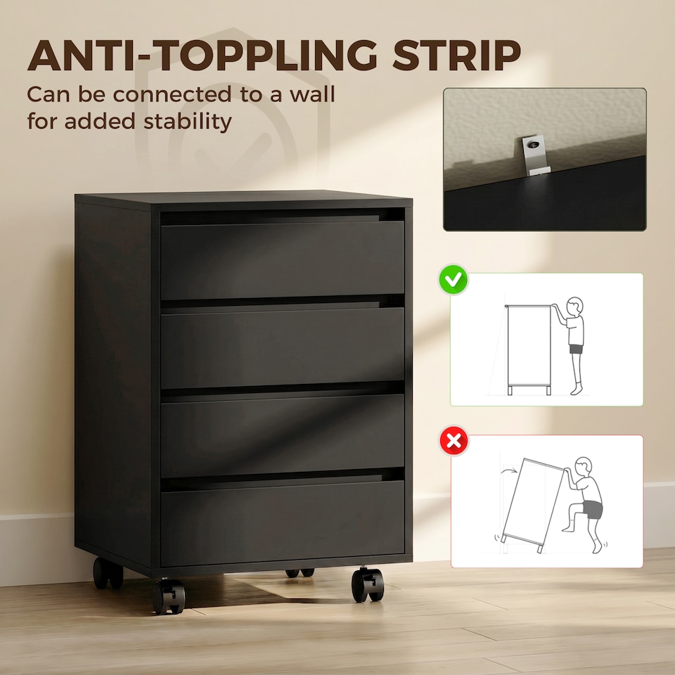 image 1 of HOMCOM Mobile Vertical Filing Cabinet with 4 Drawers for Home Office, Black