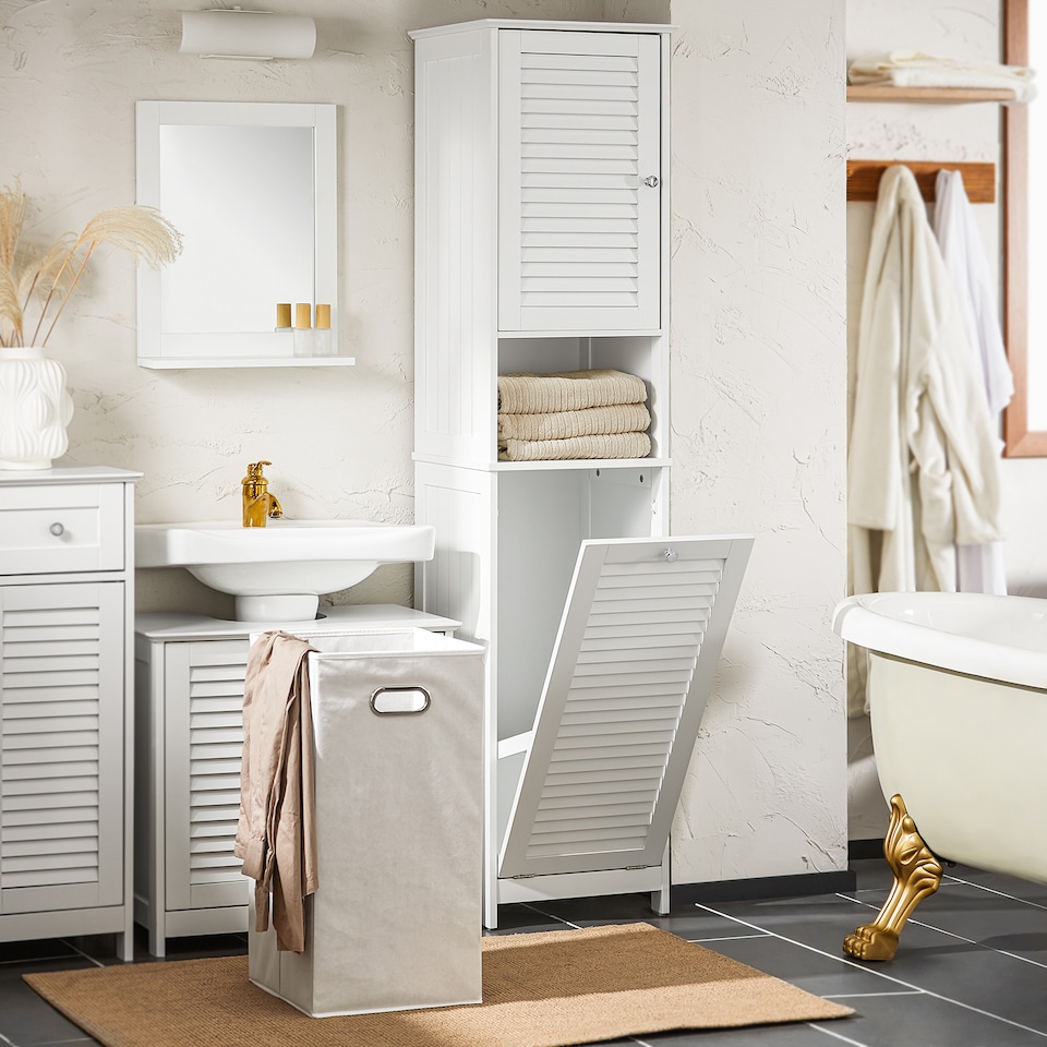 image 1 of SoBuy BZR124-W,Tall Bathroom Storage Cabinet with Laundry Basket | White | White | 1
