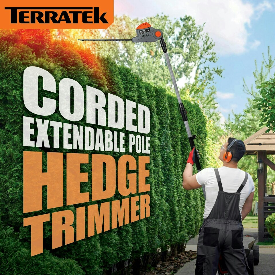 image 1 of Terratek 550W 2.5m Electric Long Reach Hedge Trimmer | Grey | Grey | 1
