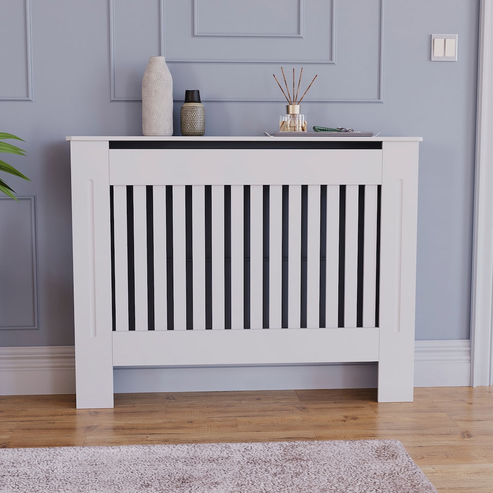 image 1 of Vida Designs Chelsea Radiator Cover Painted MDF Slatted Cabinet, White, 112cm