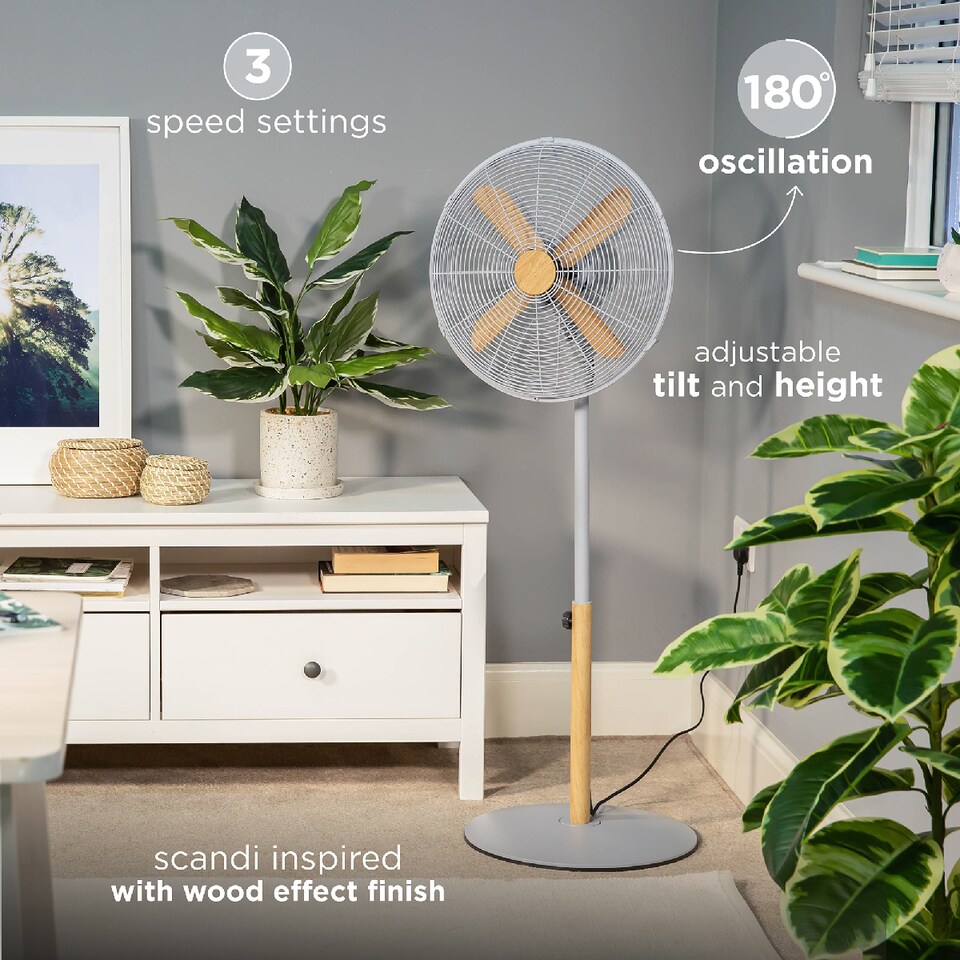image 1 of Russell Hobbs RHMPF1601WDG Pedestal Fan Cooling Grey Scandinavian Wood Effect