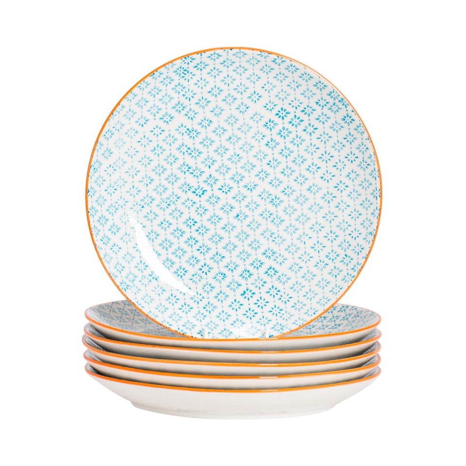 image 1 of Nicola Spring 6x Hand-Printed Dinner Plates - 25.5cm - Blue Stoneware Decorative Patterned Dining Dish Plates