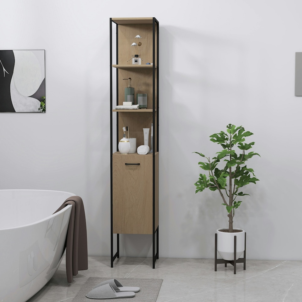 image 1 of HOMCOM Tall Bathroom Cabinet with 3 Open Shelves Adjustable Shelf, Natural | Brown | Black | 33 x 33 x 185 cm
