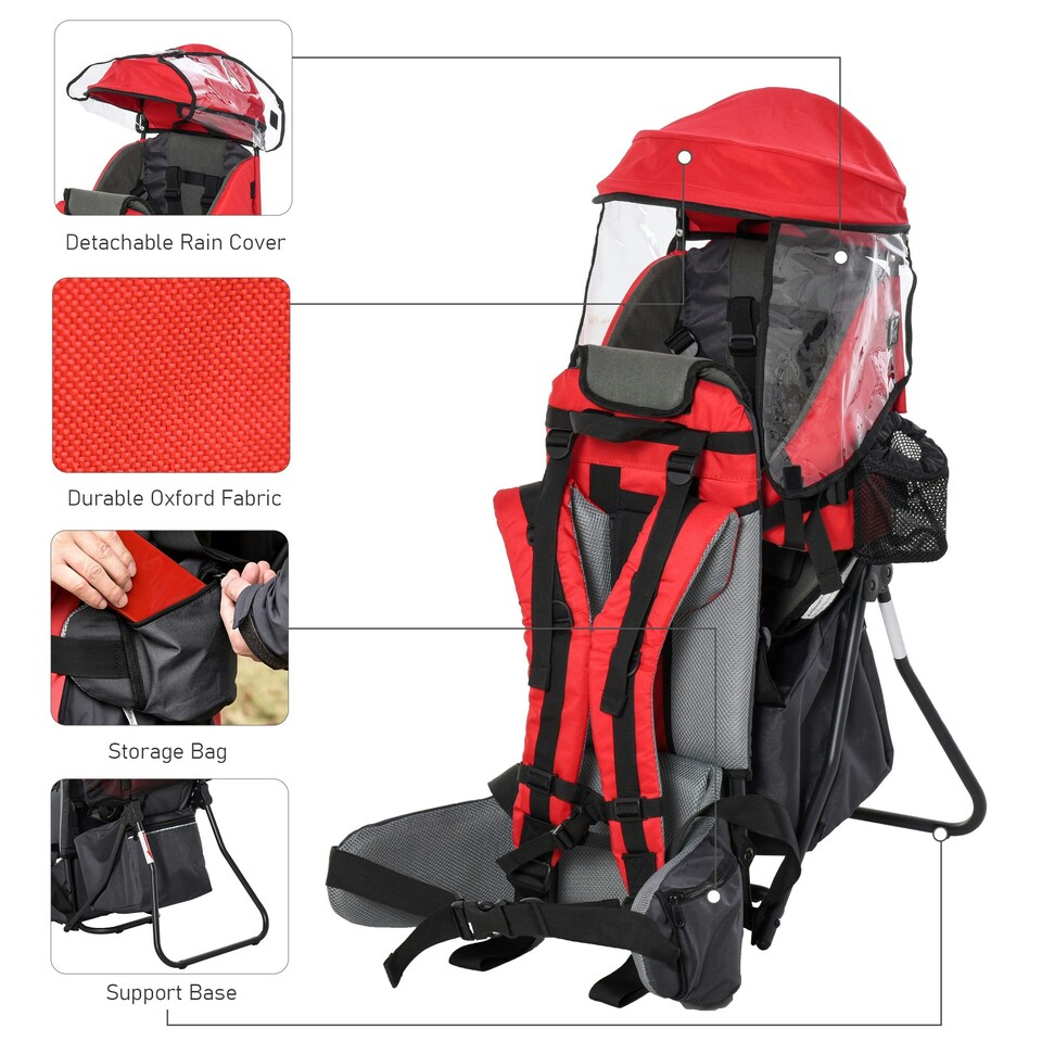 image 1 of HOMCOM Baby Hiking Backpack Carrier w/ Detachable Rain Cover for Toddlers Red Red | One Size