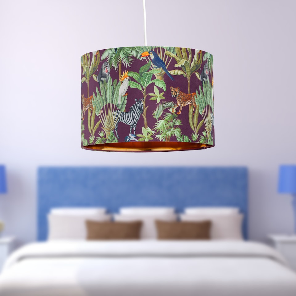 image 1 of Safari - Velvet Safari Design 30cm Pendant or Table Lamp Shade | Multi | Safari velvet digital print with gold inner detail | 1