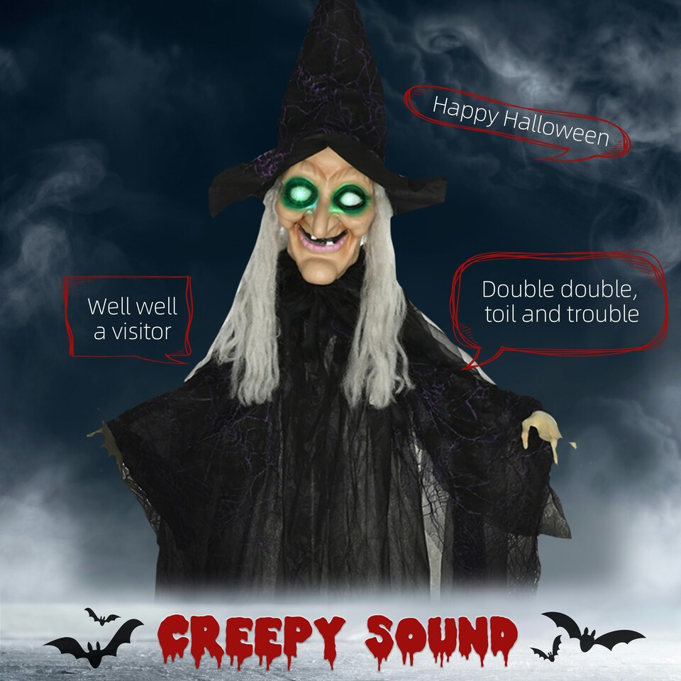 image 1 of HOMCOM Hanging Witch Prop Life Size with Light Up Eyes, Talking Sound