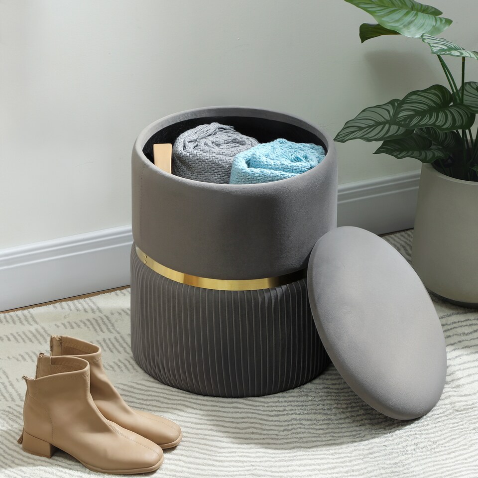 image 1 of HOMCOM Round Pouffe Storage Footstool with Cushioned Top Hidden Space Grey