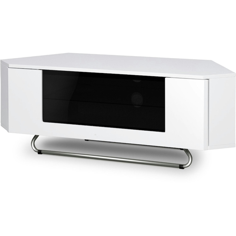 image 1 of Centurion Supports Hampshire Corner-Friendly Gloss White with Black Contrast Beam-Thru Remote Friendly Door 26"-50" Flat Screen TV Cabinet White