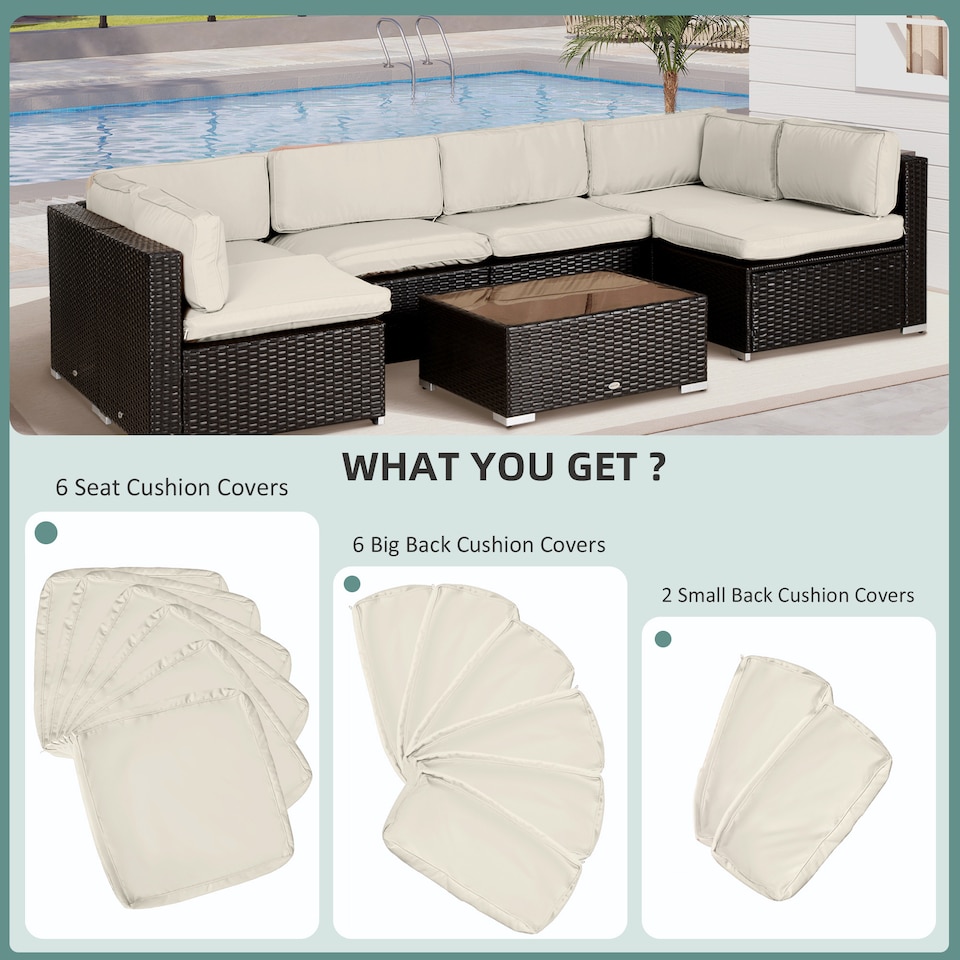 image 1 of Outsunny Garden Rattan Sofa Set Polyester Cover Replacement No Cushion Cream | Cream | Cream White | 14-piece set; Seat cushion: 65L x 65W x 8D cm; Large back cushion: 65W x 30.5H x 8D cm; Small back cushion: 57W x 30.5H x 8D cm | 4