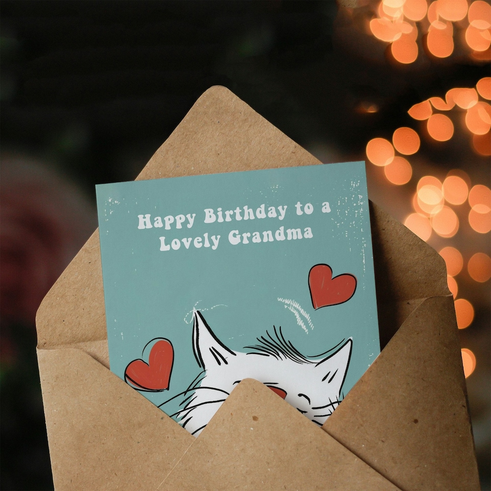 image 1 of White Scarf Drawing Love Hearts Cat Grandma Birthday Card