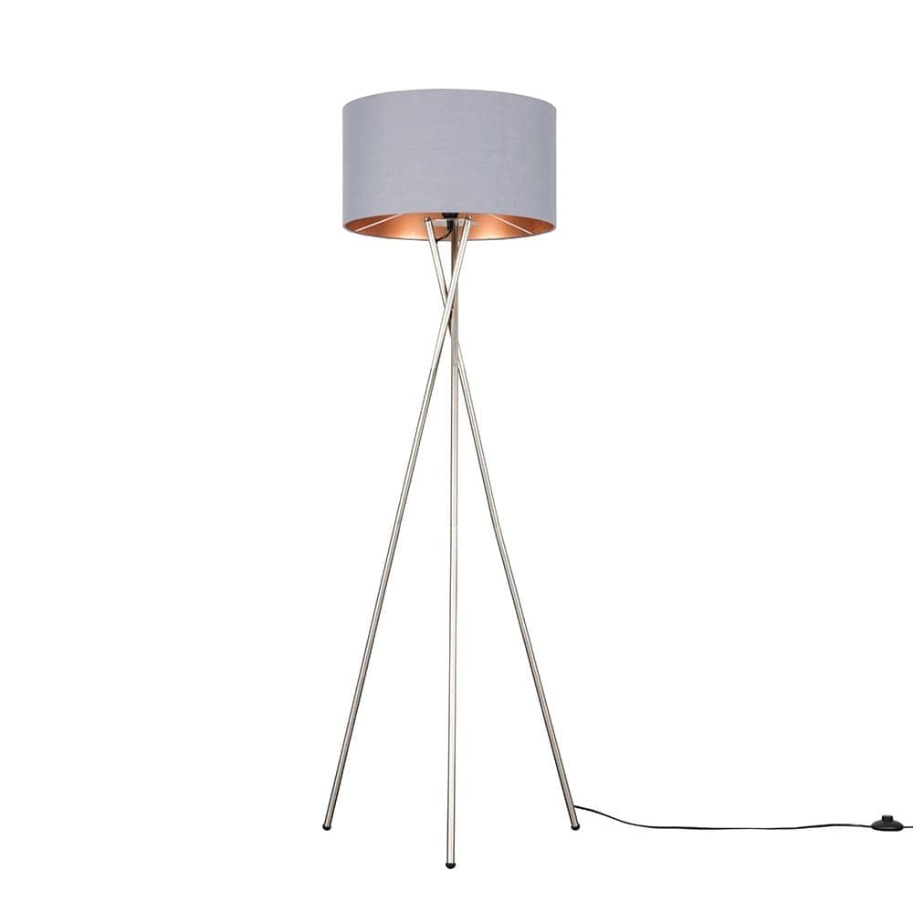 ValueLights Camden Brushed Chrome Tripod Floor Lamp with Grey & Copper Lamp Shade