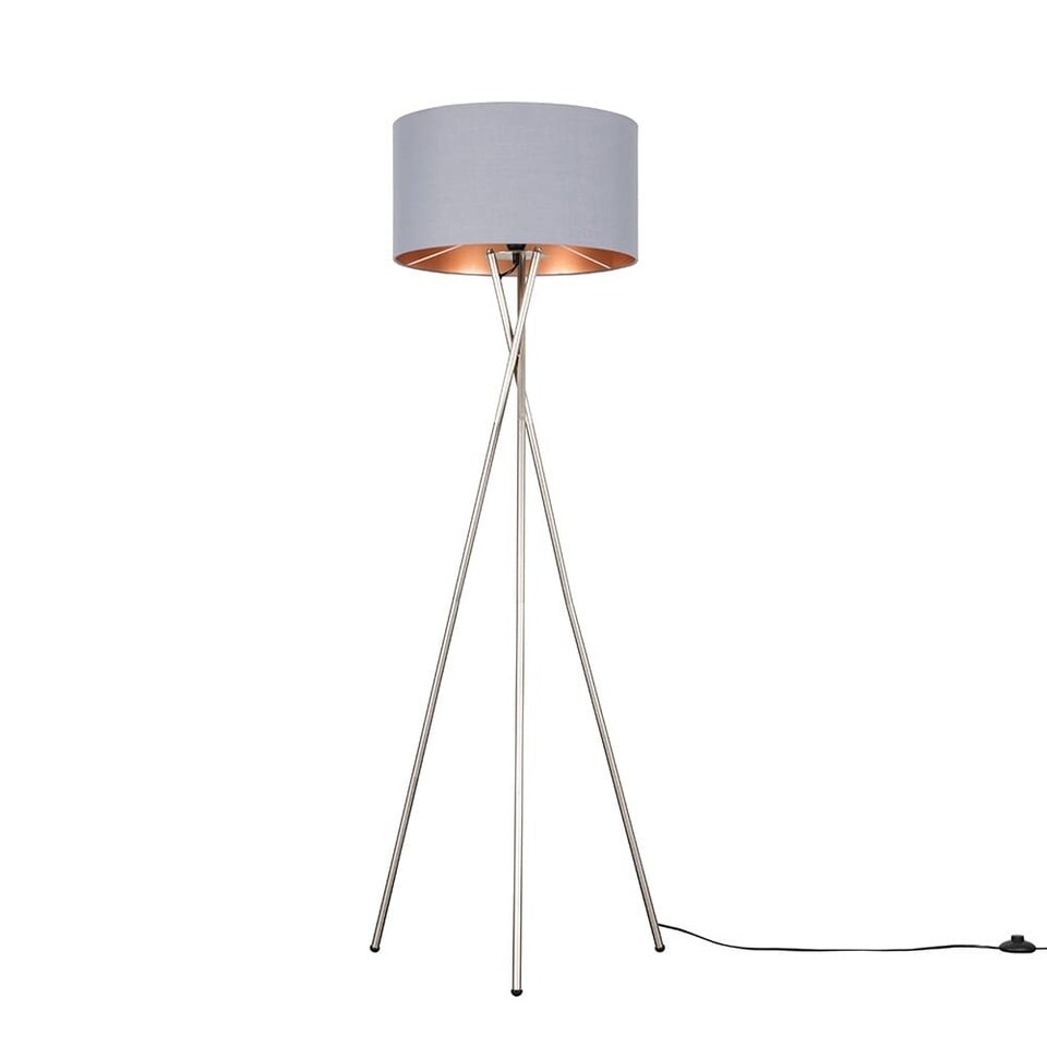 image 1 of ValueLights Camden Brushed Chrome Tripod Floor Lamp Grey & Copper Shade | Grey