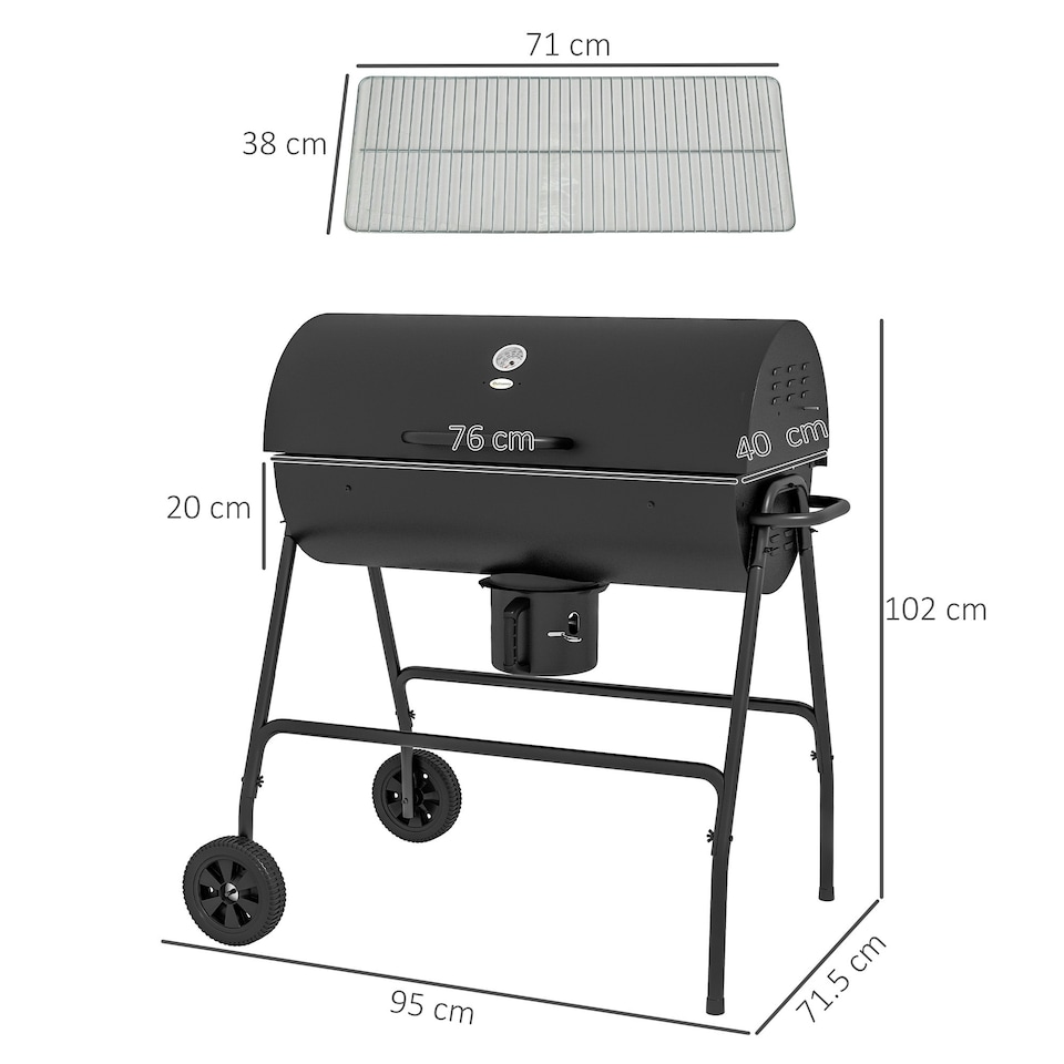image 1 of Outsunny Barrel Charcoal Barbecue BBQ Grill Trolley W/ Ash Catcher Thermometer