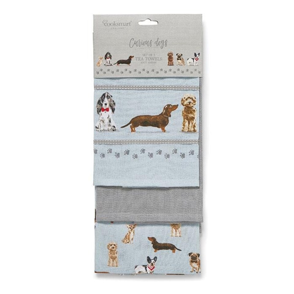Cooksmart Curious Dogs Tea Towel 3pk - One Colour - One Size