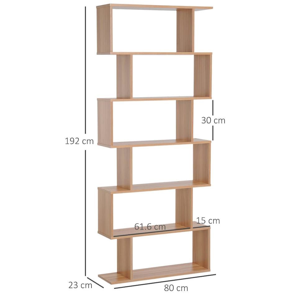 image 1 of HOMCOM 6-Tier Wooden Modern S-Shaped Shelf Storage Unit Home Office Maple Colour