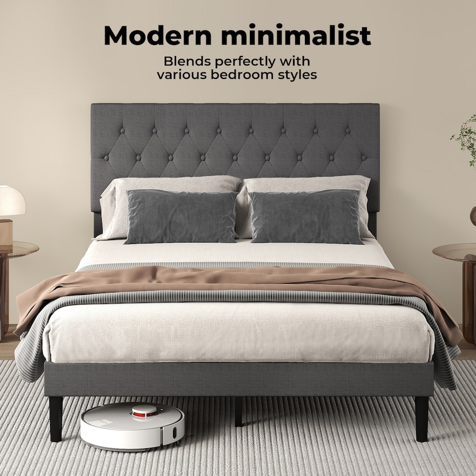 image 1 of Levede King Bed Frame Upholstered Linen Fabric Soft Foam Headboard Wooden Grey | Grey | Grey