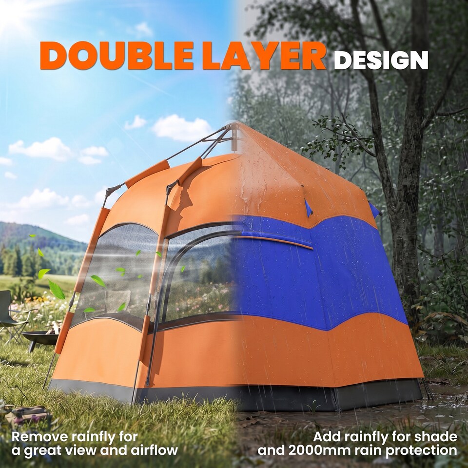 image 1 of Orange 3 Person Dual Layer Pop Up Camping Tent with Rainfly Outsunny