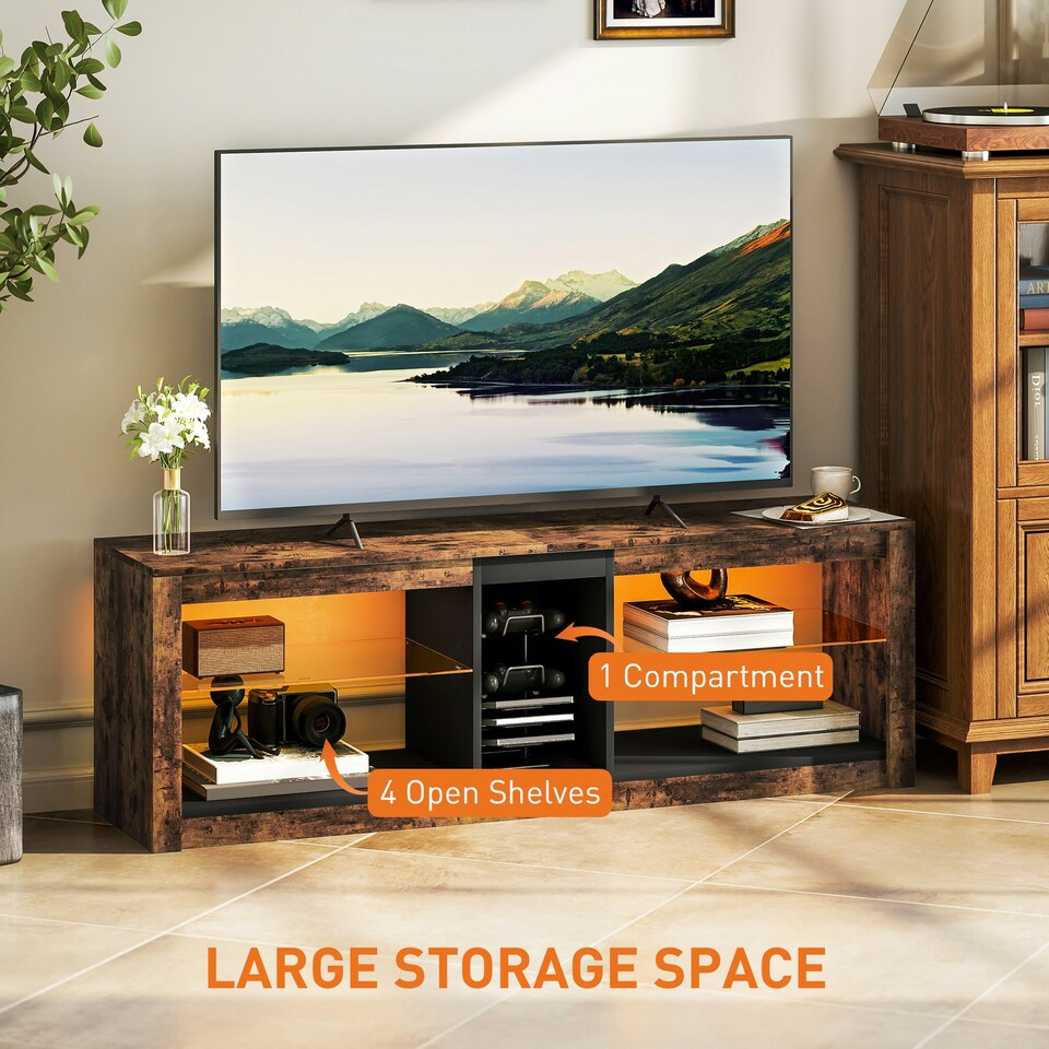 image 1 of HOMCOM TV Stand, Entertainment Centre with LED Lights, Rustic Brown | Brown | 1