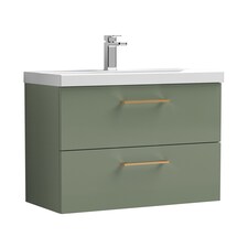 800mm Wall Hung 2 Drawer Vanity Basin Unit, Green, Copper Handles | Green | 579 x 810 x 390mm