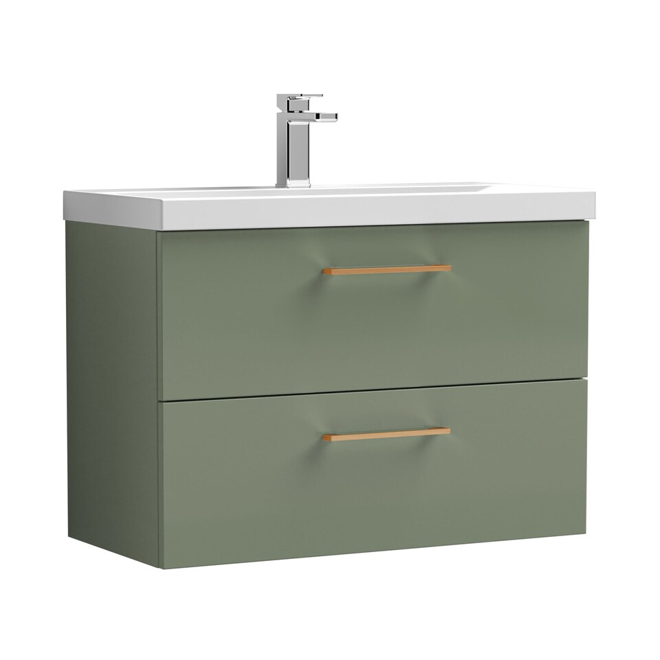 image 1 of 800mm Wall Hung 2 Drawer Vanity Basin Unit, Green, Copper Handles | Green | 579 x 810 x 390mm