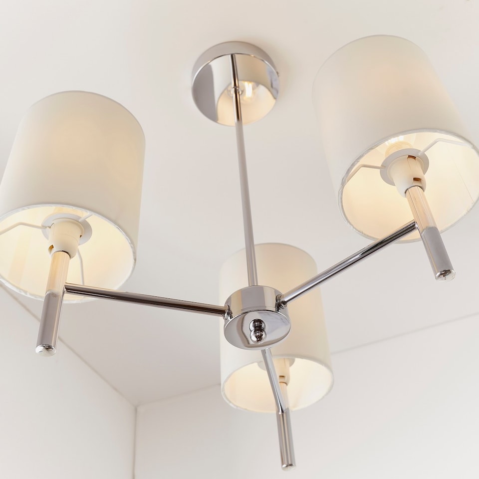 image 1 of Brio 3 Light Semi Flush Multi Arm Ceiling Light Chrome, Off White Silk Effect, E14