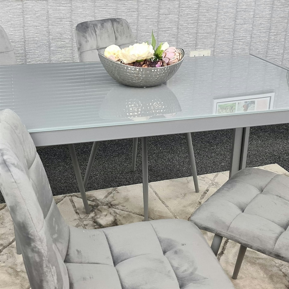 image 1 of Dining Table and 4 Grey Velvet  Chairs Grey  Glass Table 4 Velvet Chairs  Dining Room Furniture | Grey | 5