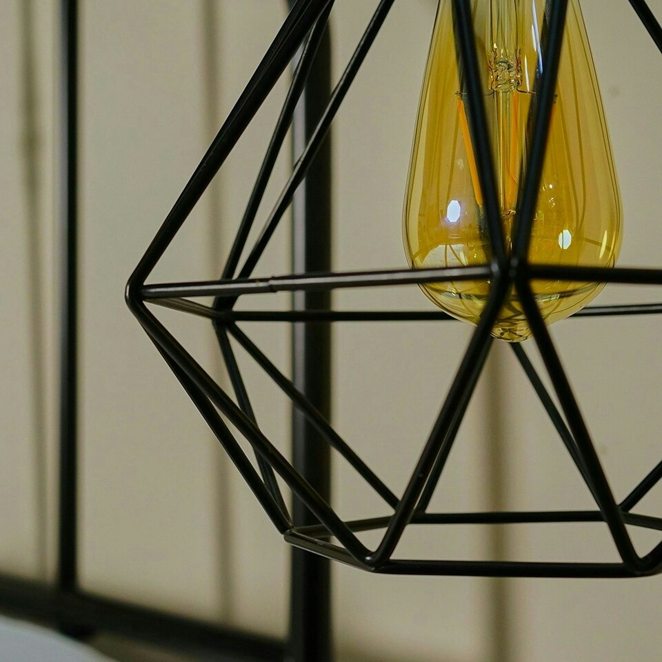 image 1 of ValueLights Pair Black Metal Cage Ceiling Light Shades & Bulbs | Black