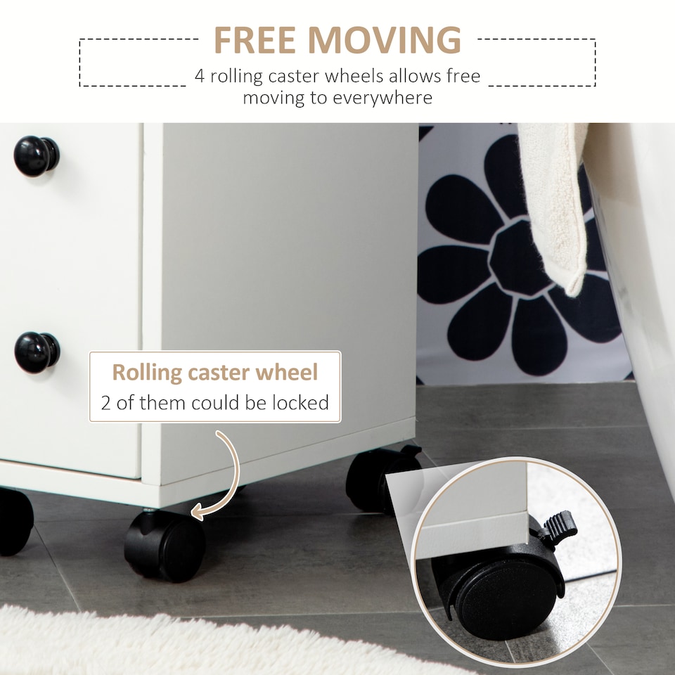 image 1 of kleankin Slimline Bathroom Storage Unit w 2 Drawers 2 Open Compartments Wheels Handles Freestanding Compact Home Office Furniture White