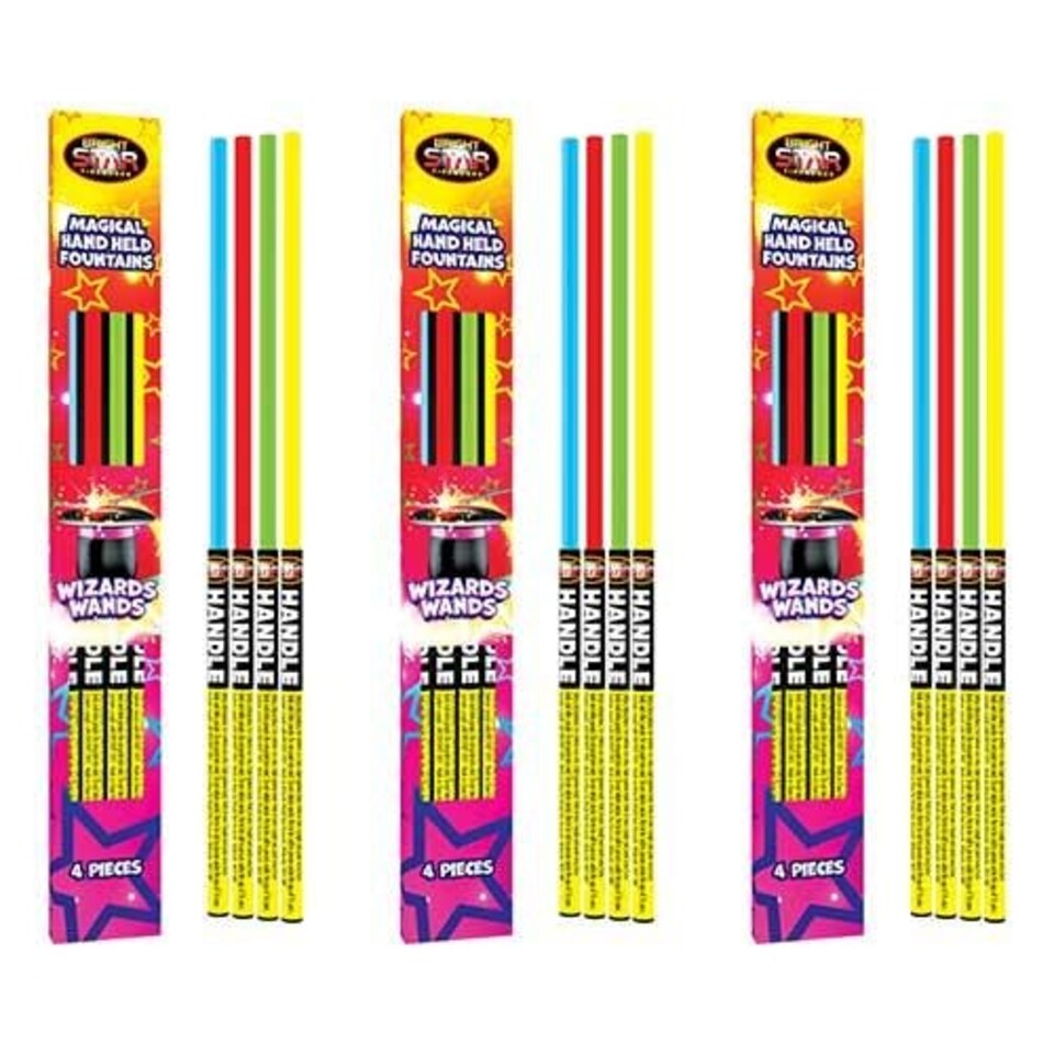 Wizards Wands Hand-Held Assorted Colour Fountain Sparklers - 3 Packs of 4