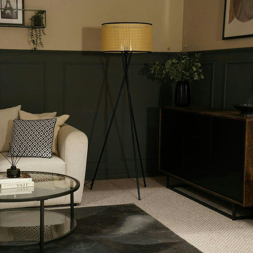 image 1 of ValueLights Camden Black Tripod Floor Lamp and Natural Cane Shade Cream