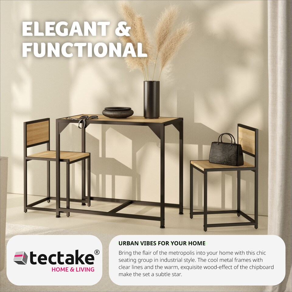 image 1 of Dining Table and Chairs Milton - 3-piece set | Brown | industrial wood light, oak Sonoma | 1